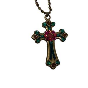Anne Koplik Designs Cross Necklace Gold Tone Pink Green Crystals Made in USA